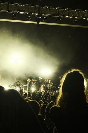 Concert crowd silhouettes watching performers on stage with dramatic backlighting and fog effects during live performance.