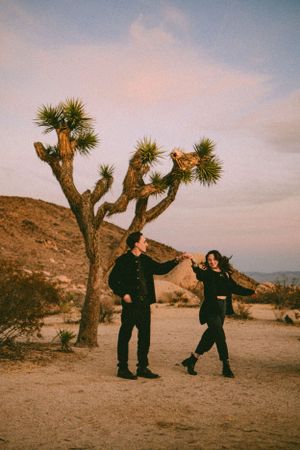 Two people dance together in a desert landscape with a Joshua tree at sunset creating a warm, dreamy atmosphere.