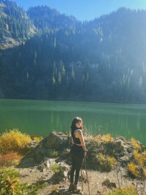Hiker stands on rocky outcrop overlooking emerald lake surrounded by evergreen-covered mountain slopes on sunny day.