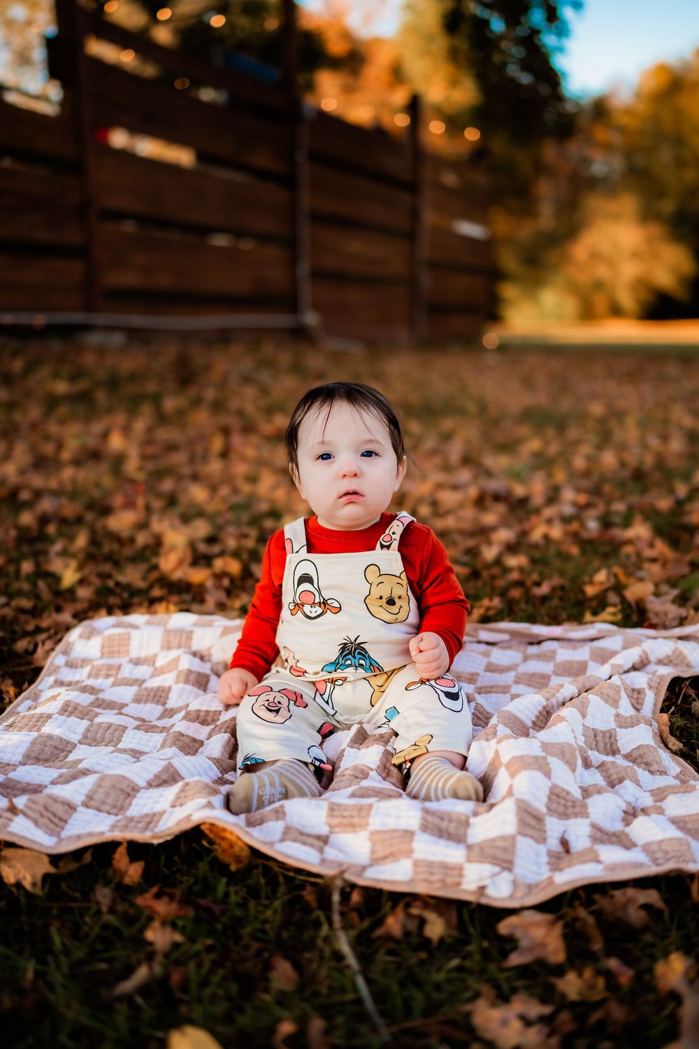 Baby in Winnie the Pooh overalls sitting on a quilt blanket outdoors among autumn leaves.
