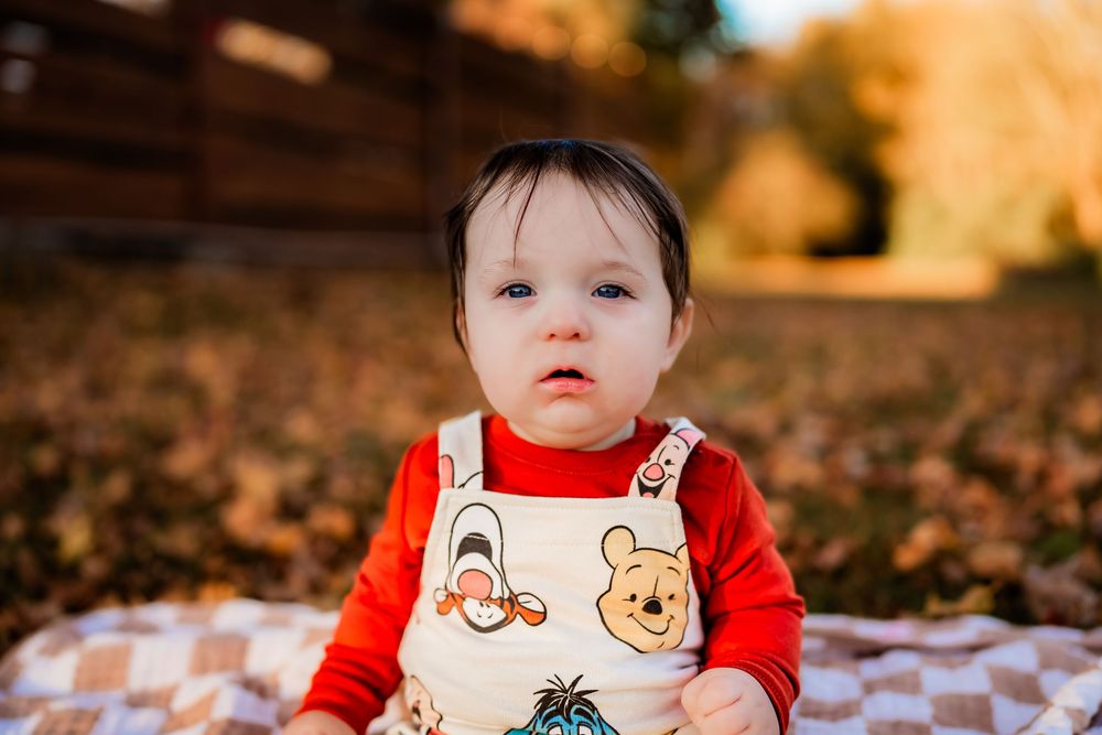 Adorable baby in Winnie the Pooh overalls and red shirt sitting outdoors among autumn leaves.
