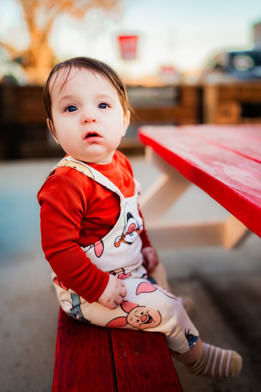 Adorable baby in red shirt and Winnie the Pooh overalls sitting on a red picnic bench outdoors.