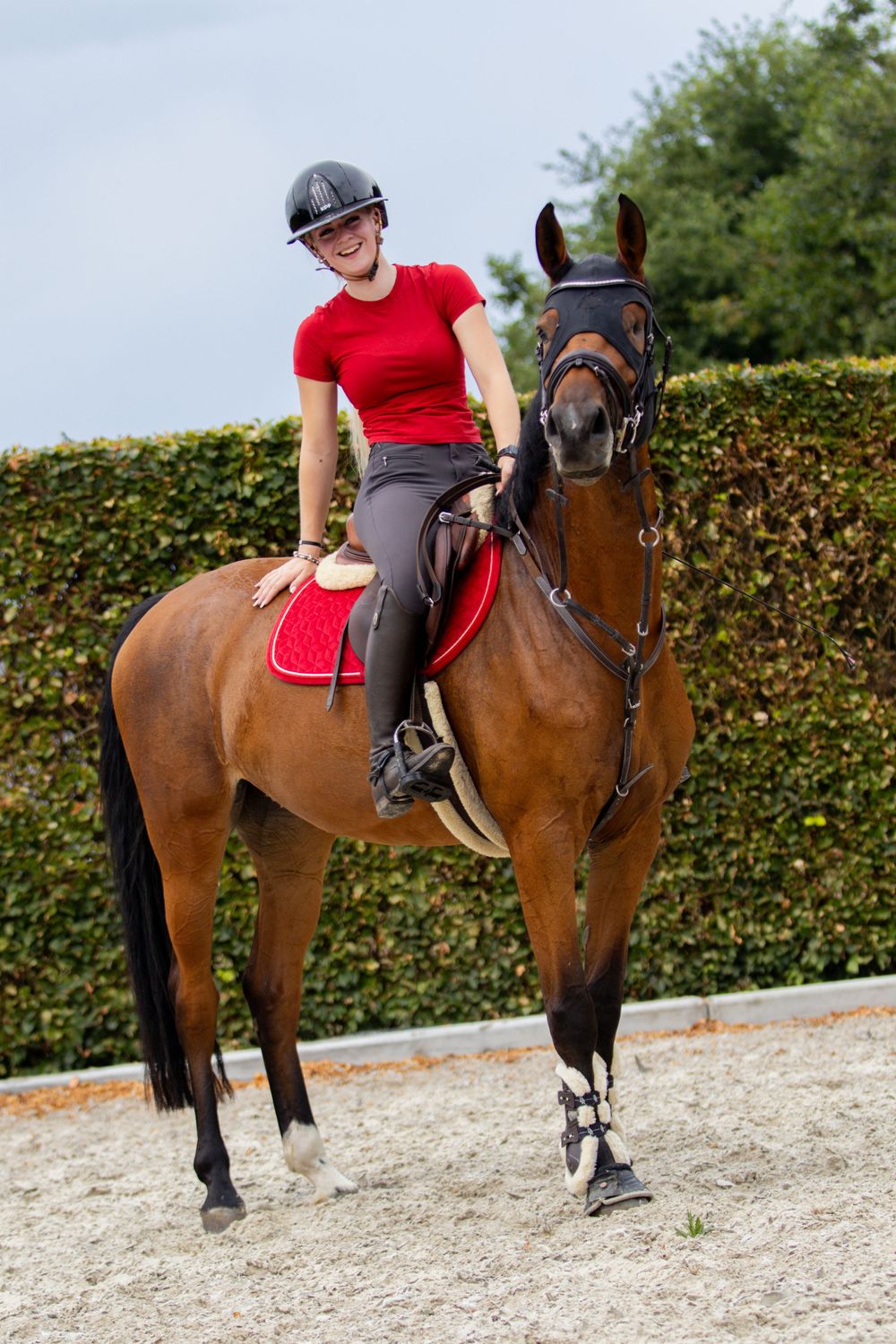 Ruiter in een rood shirt en zwarte cap zit op een opgetuigd bruin paard in een buitenrijbaan.