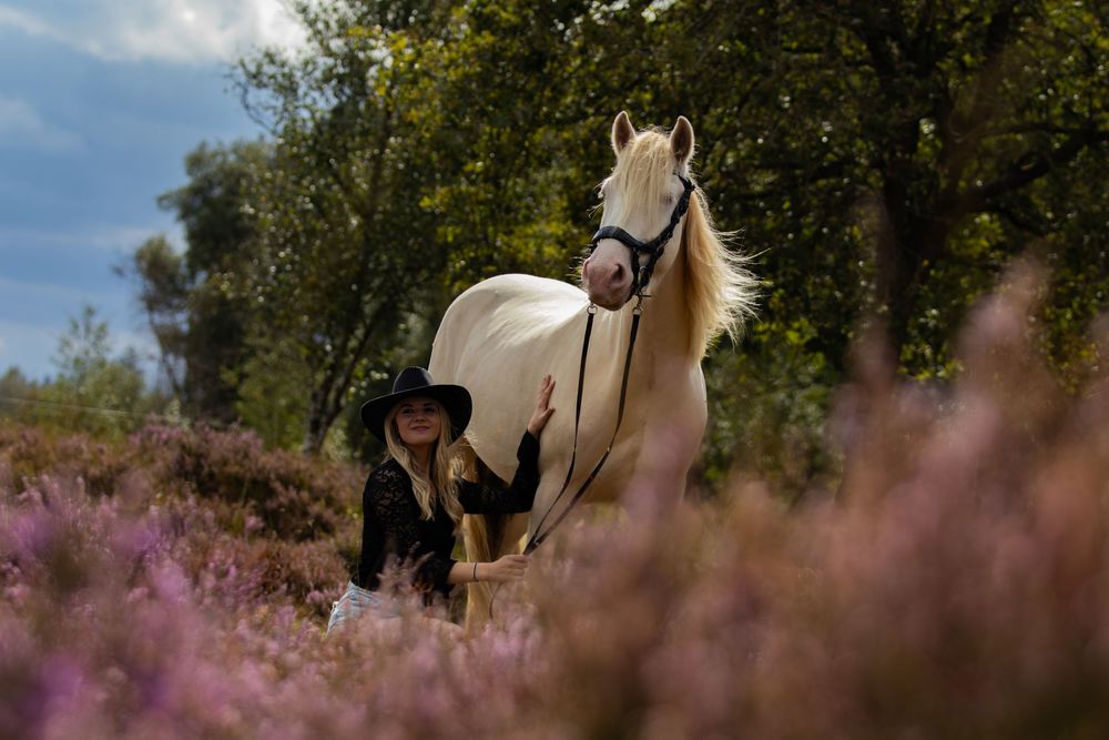 Palamino pony met meisje met hoed op