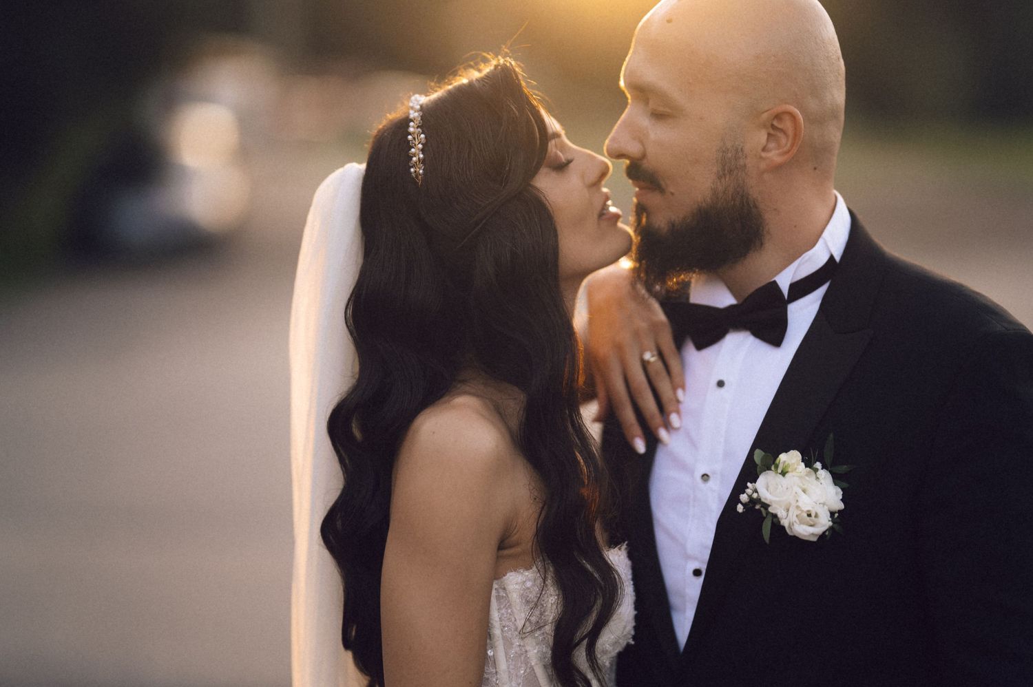 A romantic wedding photo collage showing intimate moments between a bride and groom during their special day.