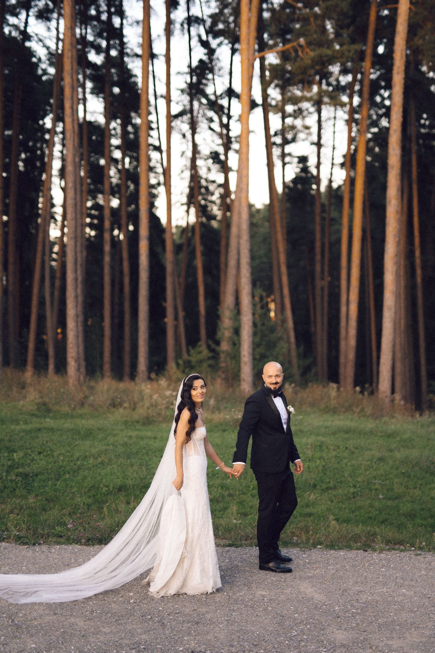 Newlyweds walk together through a serene pine forest path as the bride's long veil trails behind them.