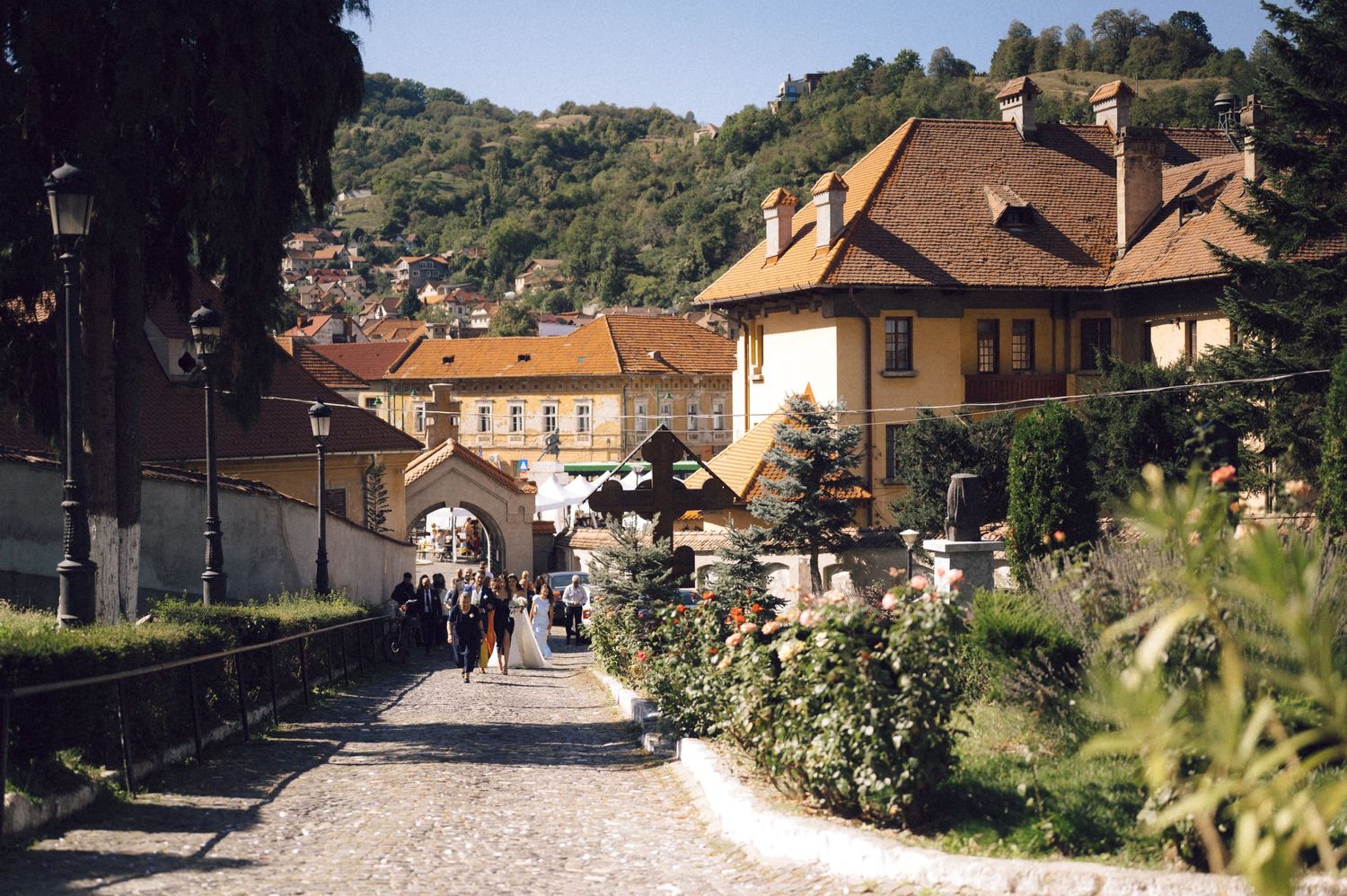 Panoramic view of a charming European village street with historic buildings and mountains in the background.