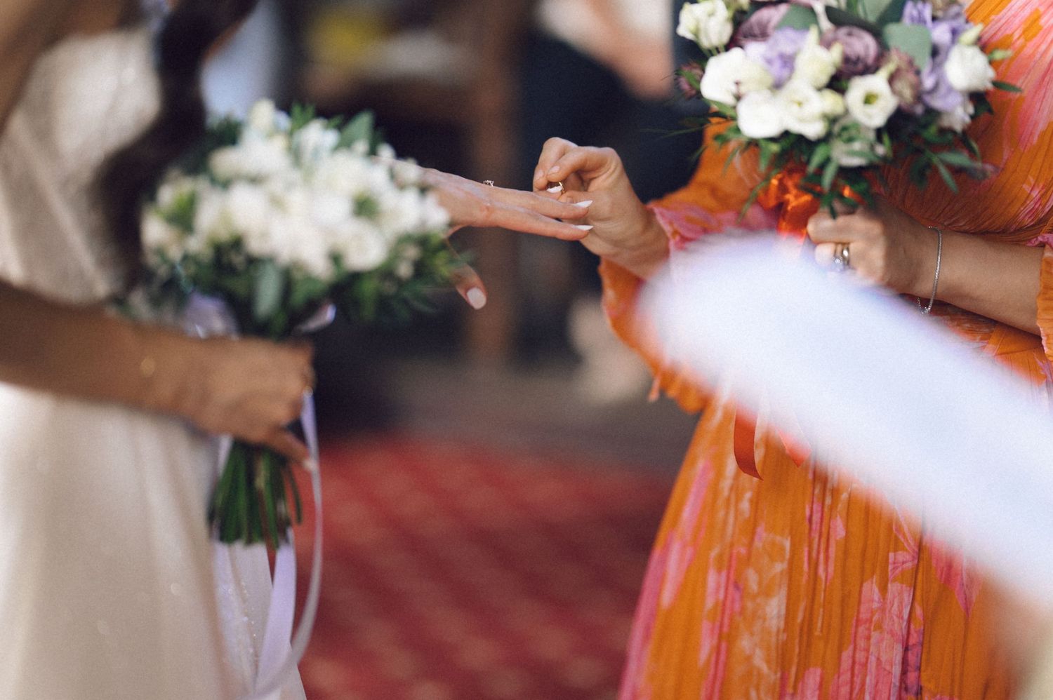 A collection of wedding photos showing floral bouquets and formal attire at an elegant indoor venue.