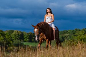 Woman in white dress riding a chestnut horse in a field under dramatic blue storm clouds.