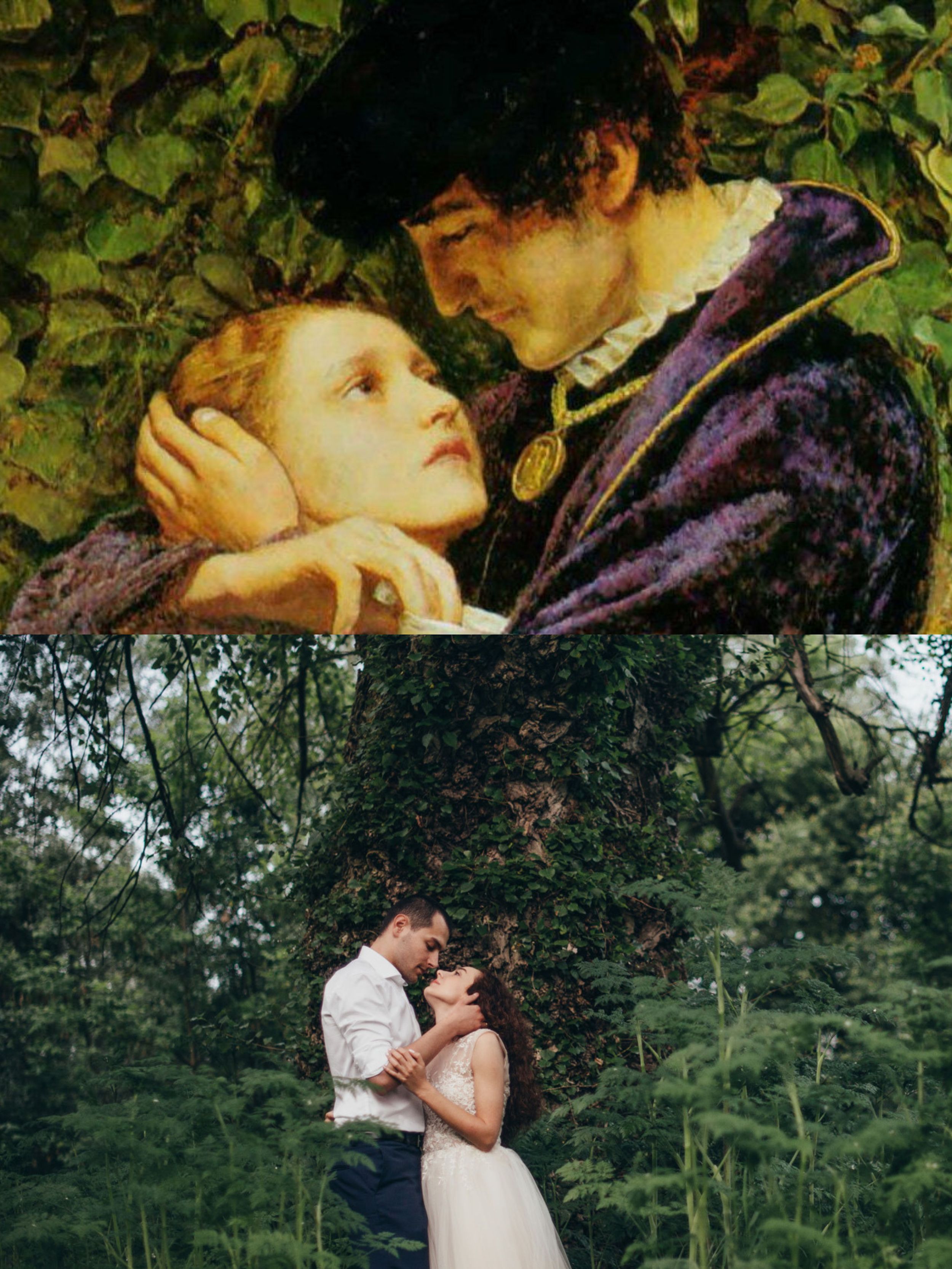 A romantic couple in a lush garden recreates a classic Renaissance painting pose, bridging art history and modern love.