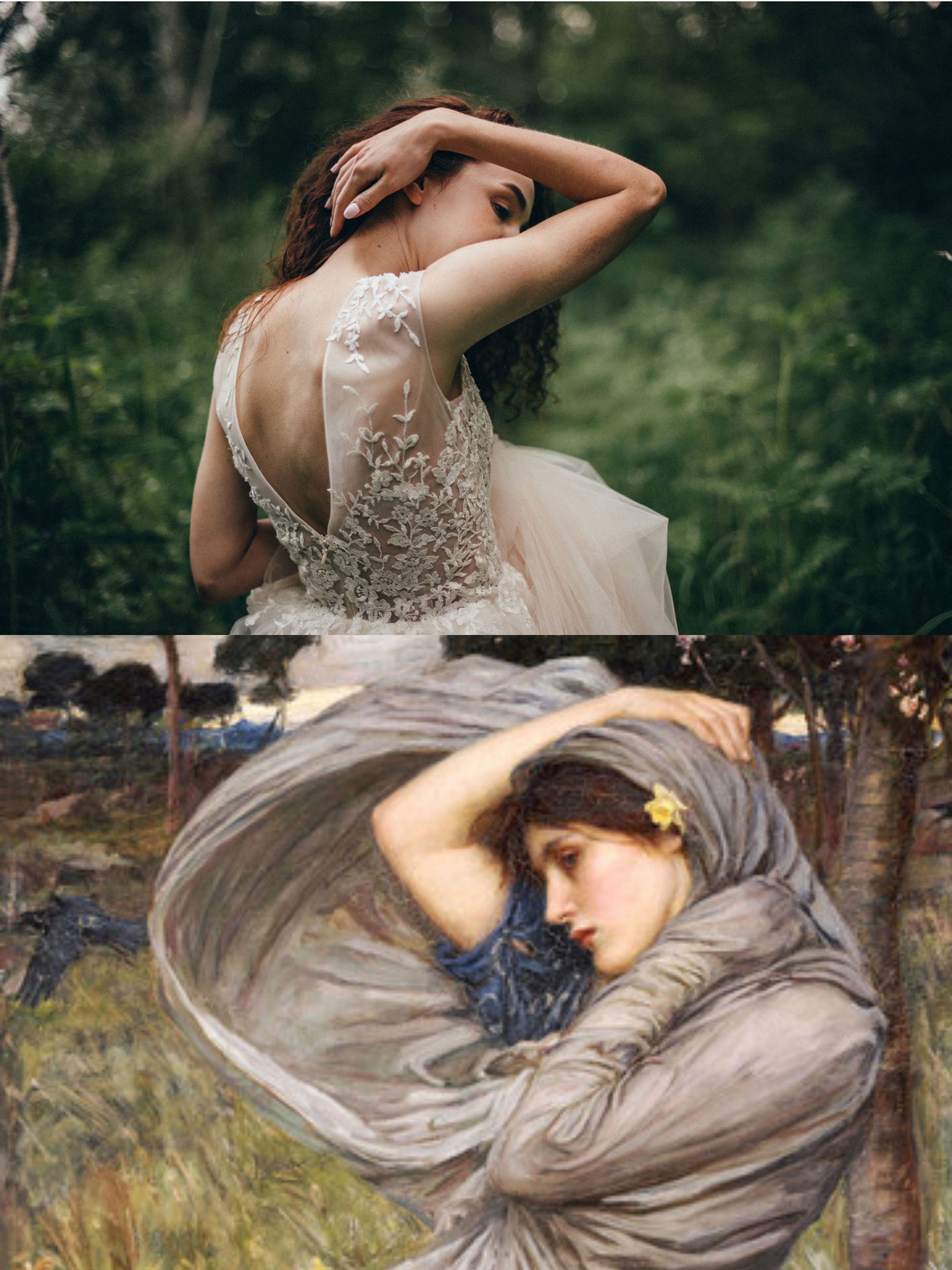 A woman in a lace wedding gown poses outdoors beside a Pre-Raphaelite painting of a dreaming woman in flowing robes.