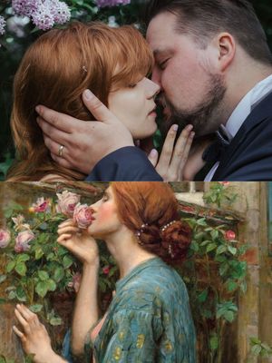 A romantic couple kissing near flowers above a Pre-Raphaelite painting of a red-haired woman smelling roses.