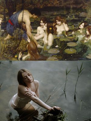 A classical painting of nymphs in a pond beside a modern photo recreation of a woman in water.