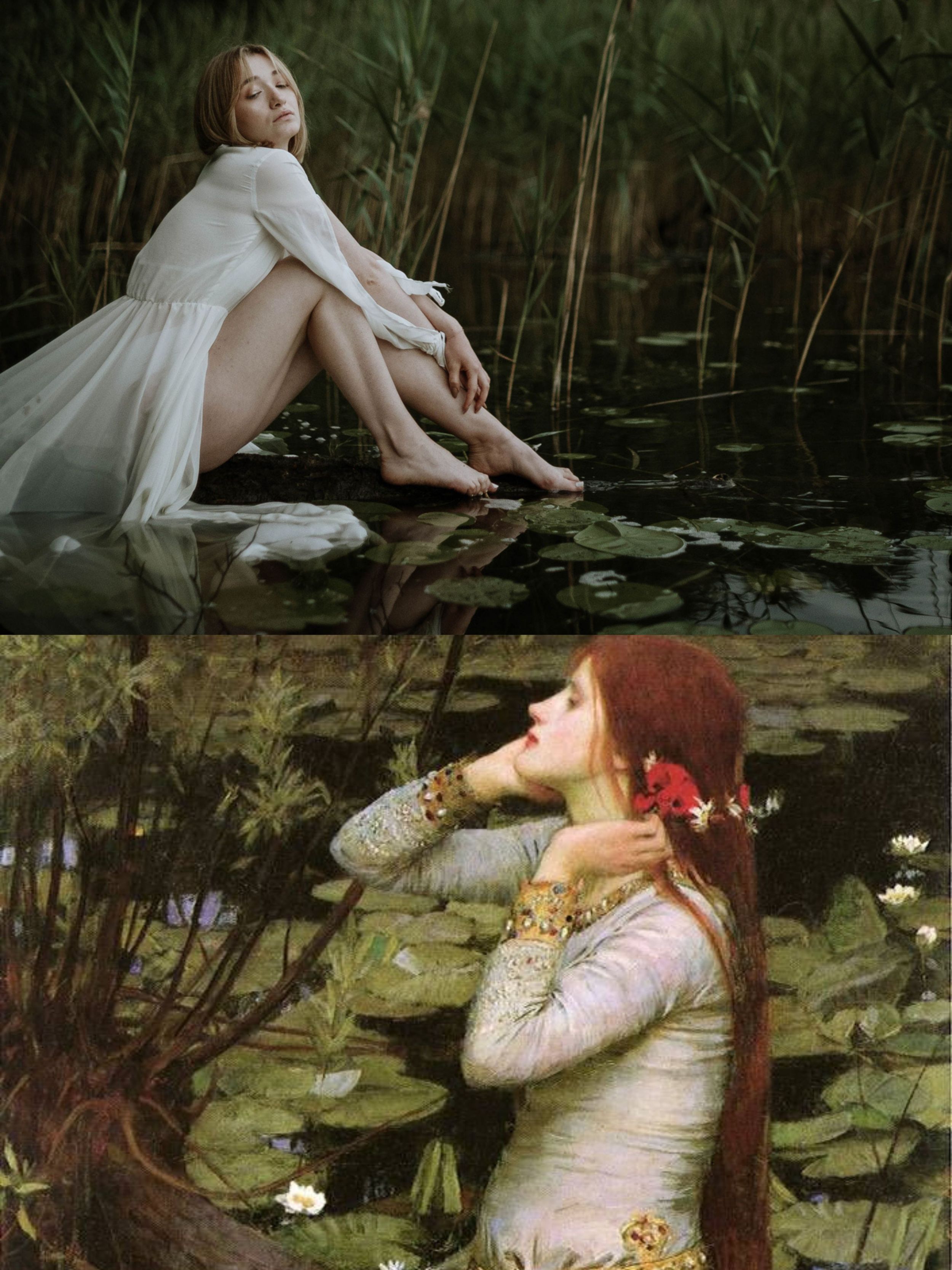 A woman in white sits by a lily pond above a Pre-Raphaelite painting of a red-haired woman among water lilies.