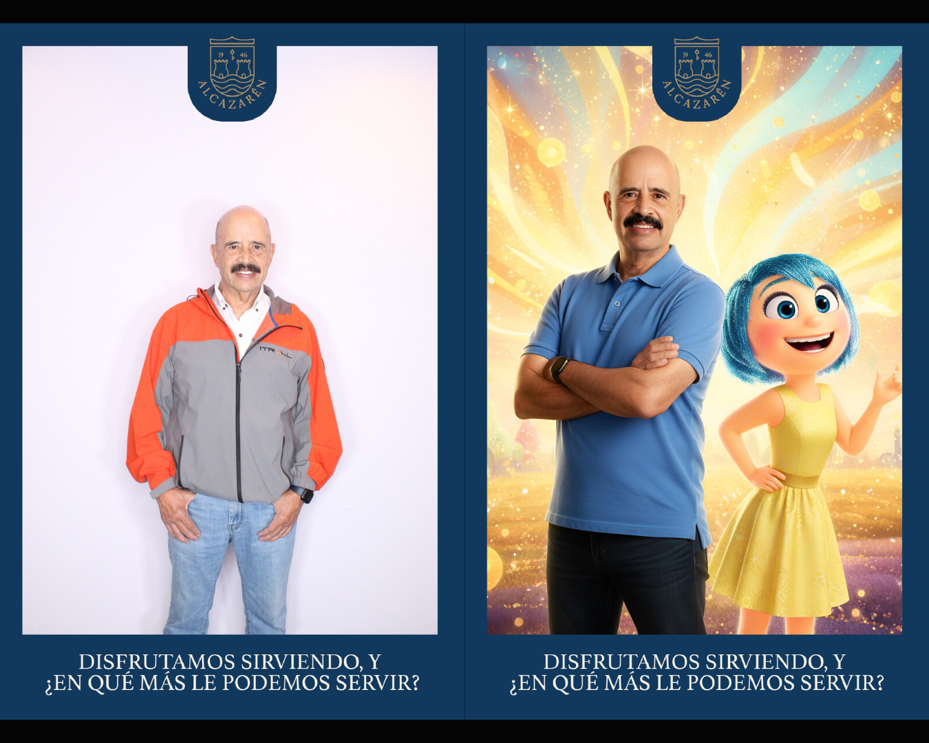 A series of promotional marketing images featuring a bright yellow cartoon character with blue hair against colorful backgrounds.