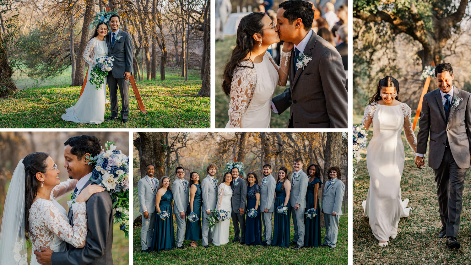 Wedding party portraits featuring bride and groom with groomsmen in gray suits and bridesmaids in navy dresses.