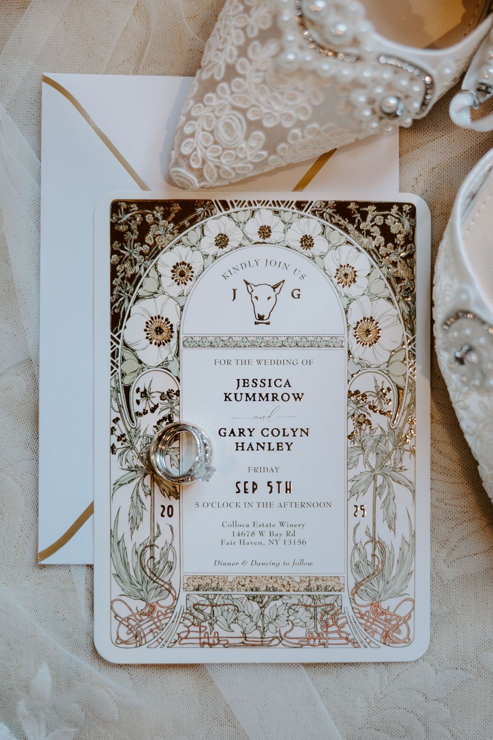 Elegant Art Nouveau wedding invitation for Jessica Kummrow and Gary Colyn Hanley, September 5th 2025.