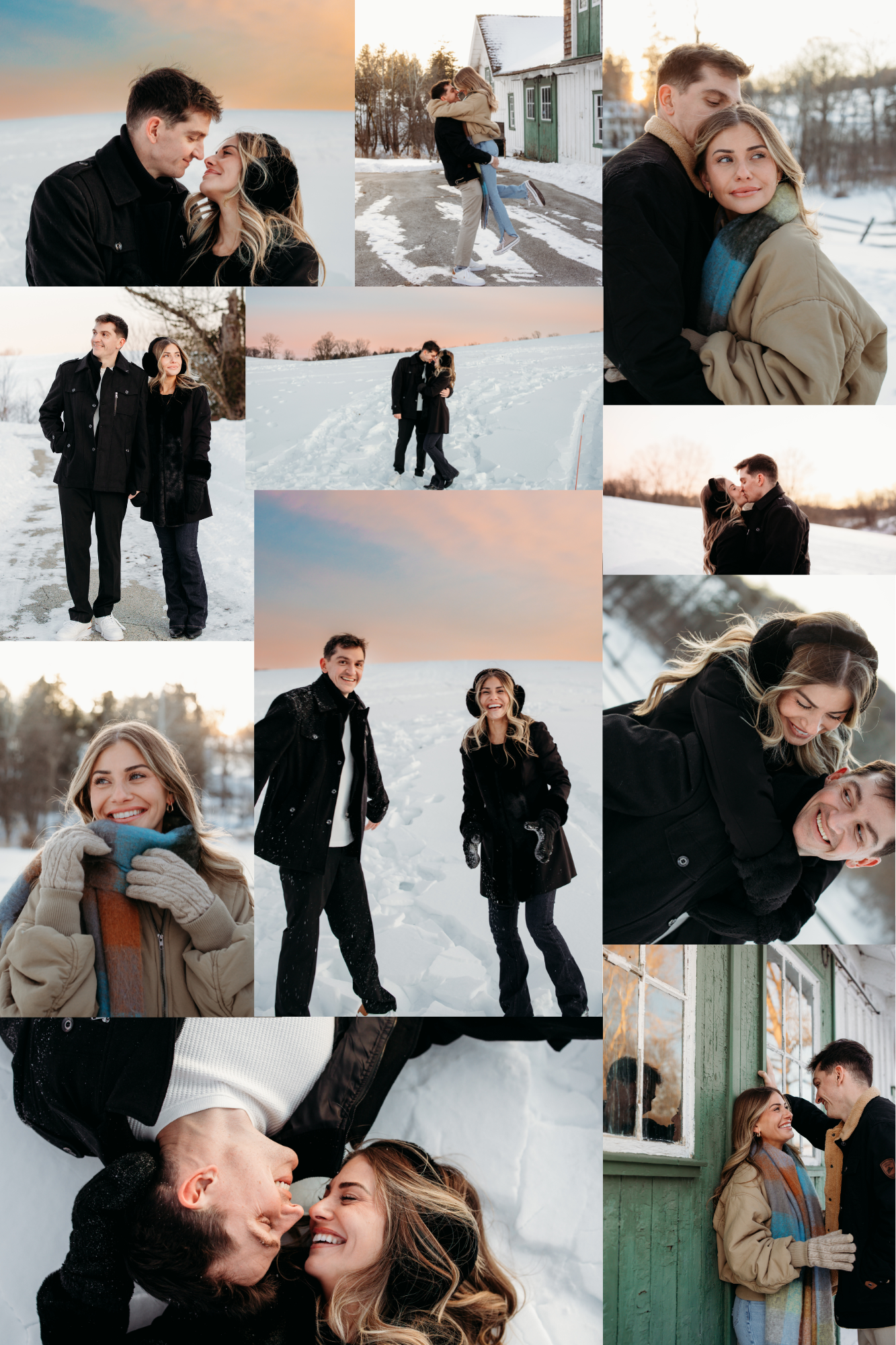 A romantic winter photo collage showing a couple in warm coats embracing and laughing together in snowy outdoor settings.