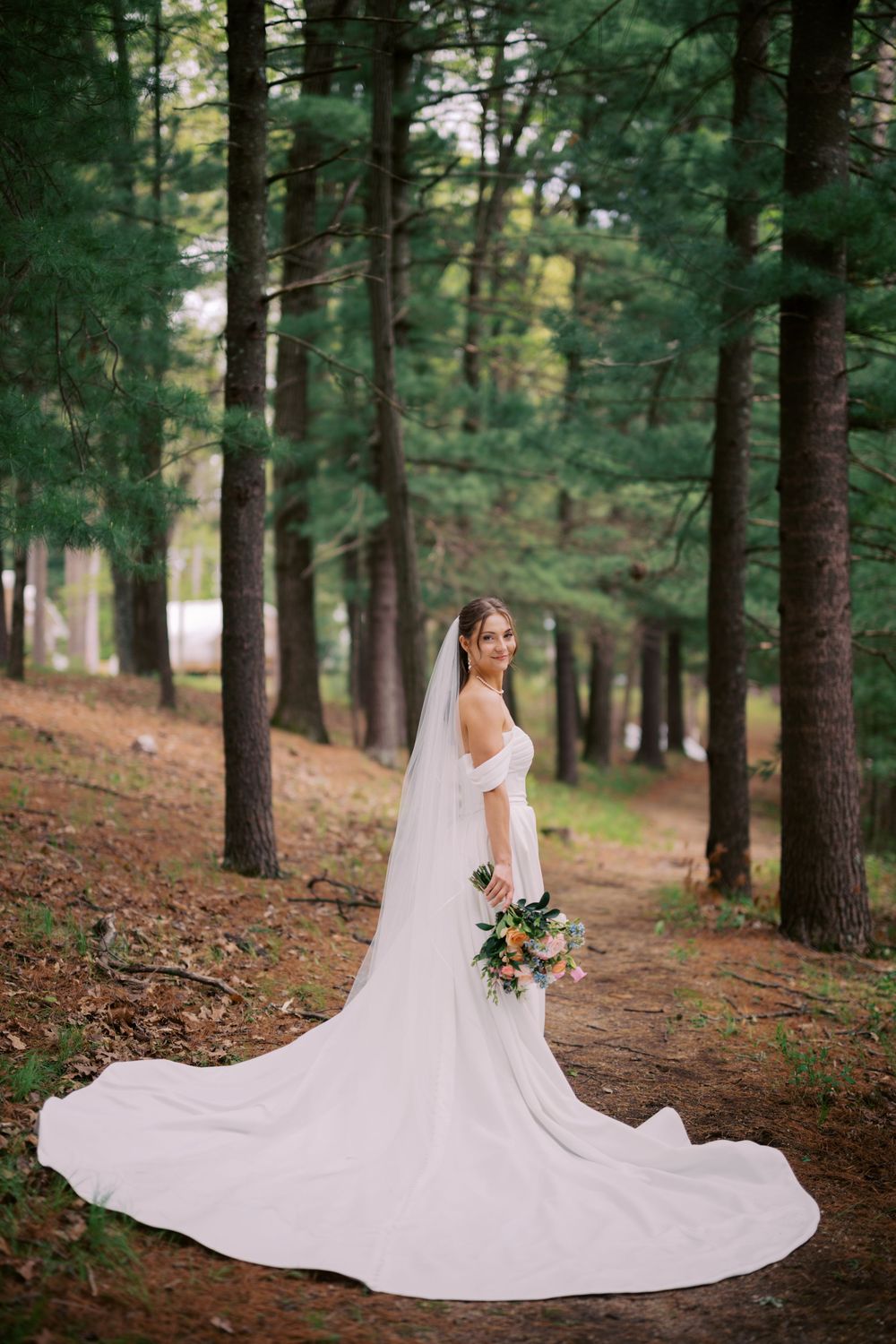 A wedding dress with a flowing train creates an elegant silhouette against a backdrop of tall pine trees in a forest setting.