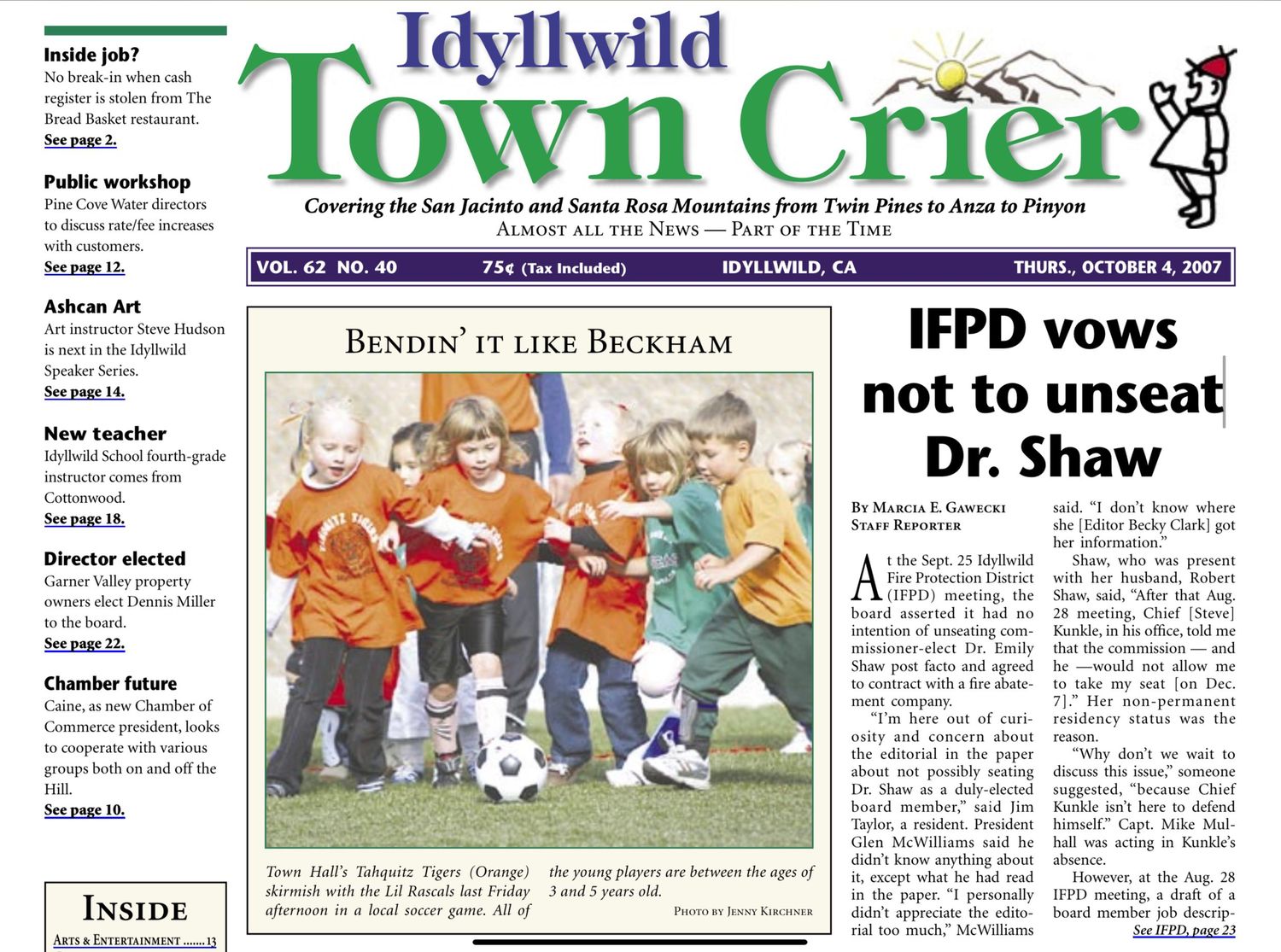 Newspaper layout showing multiple sections of a local publication called Idyllwild Town Crier with headlines and articles.