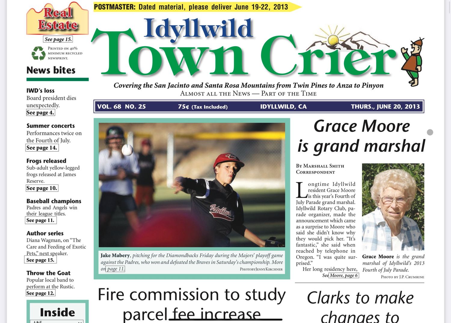 Front page of the Idyllwild Town Crier newspaper featuring multiple news stories and photos.