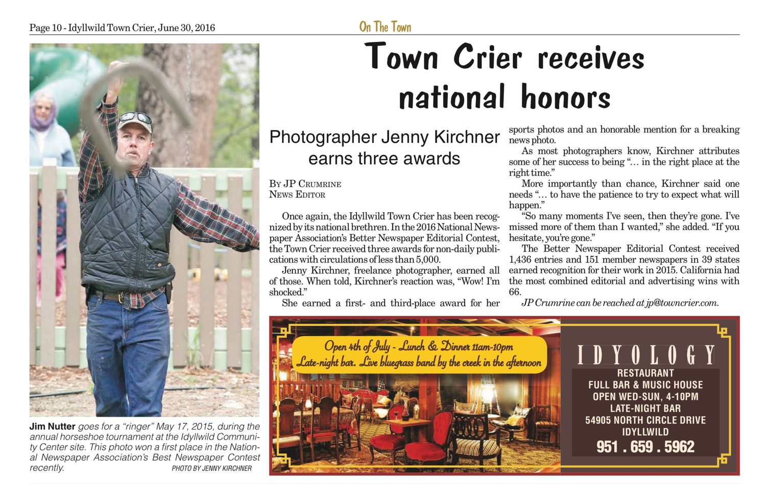 Collection of vintage newspaper clippings and headlines from a local town crier publication showing historical articles.
