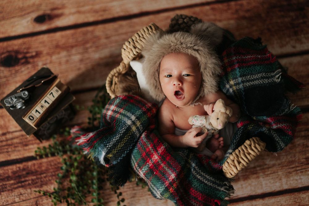 Sleeping newborn on wooden backdrop with plaid blanket and pine cones in holiday setting.節慶氣氛中，新生兒睡在木質背景上，蓋著格子毯，周圍點綴松果。