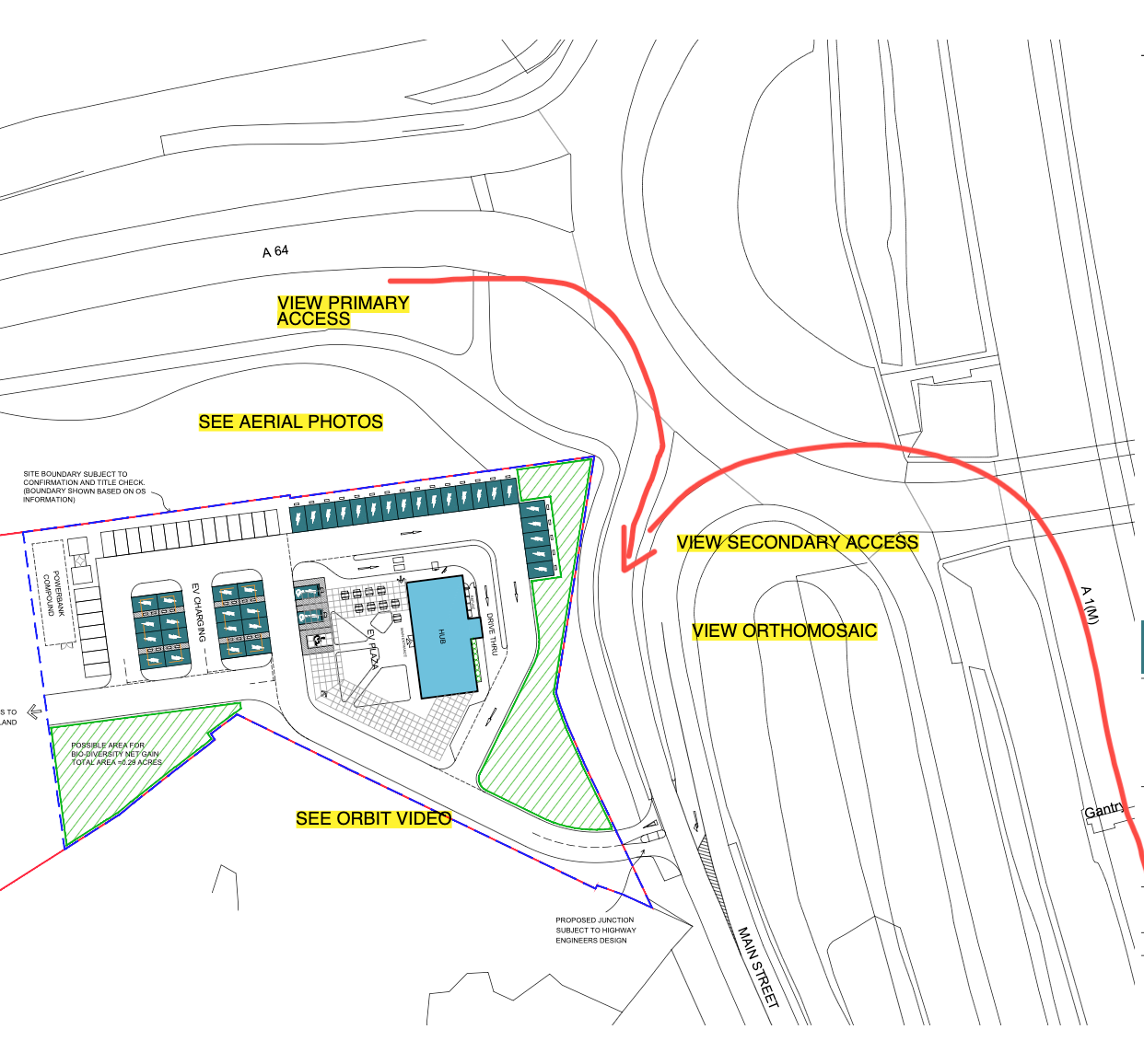 Aerial site plan map showing primary and secondary access points, orthomosaic view, and orbit video markers for a commercial property.