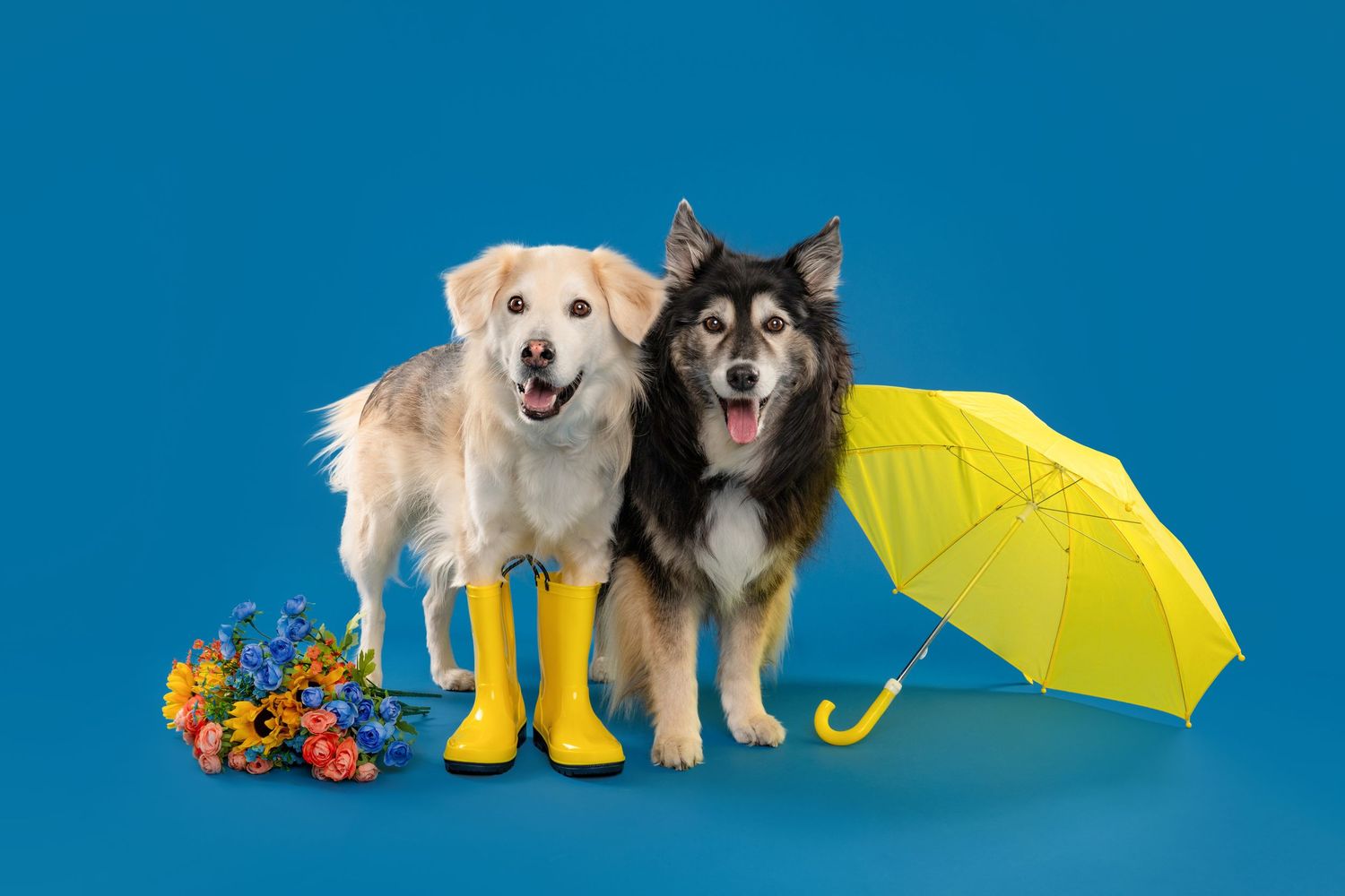 Two happy dogs pose with yellow rain boots, a yellow umbrella, and colorful flowers on a blue background.