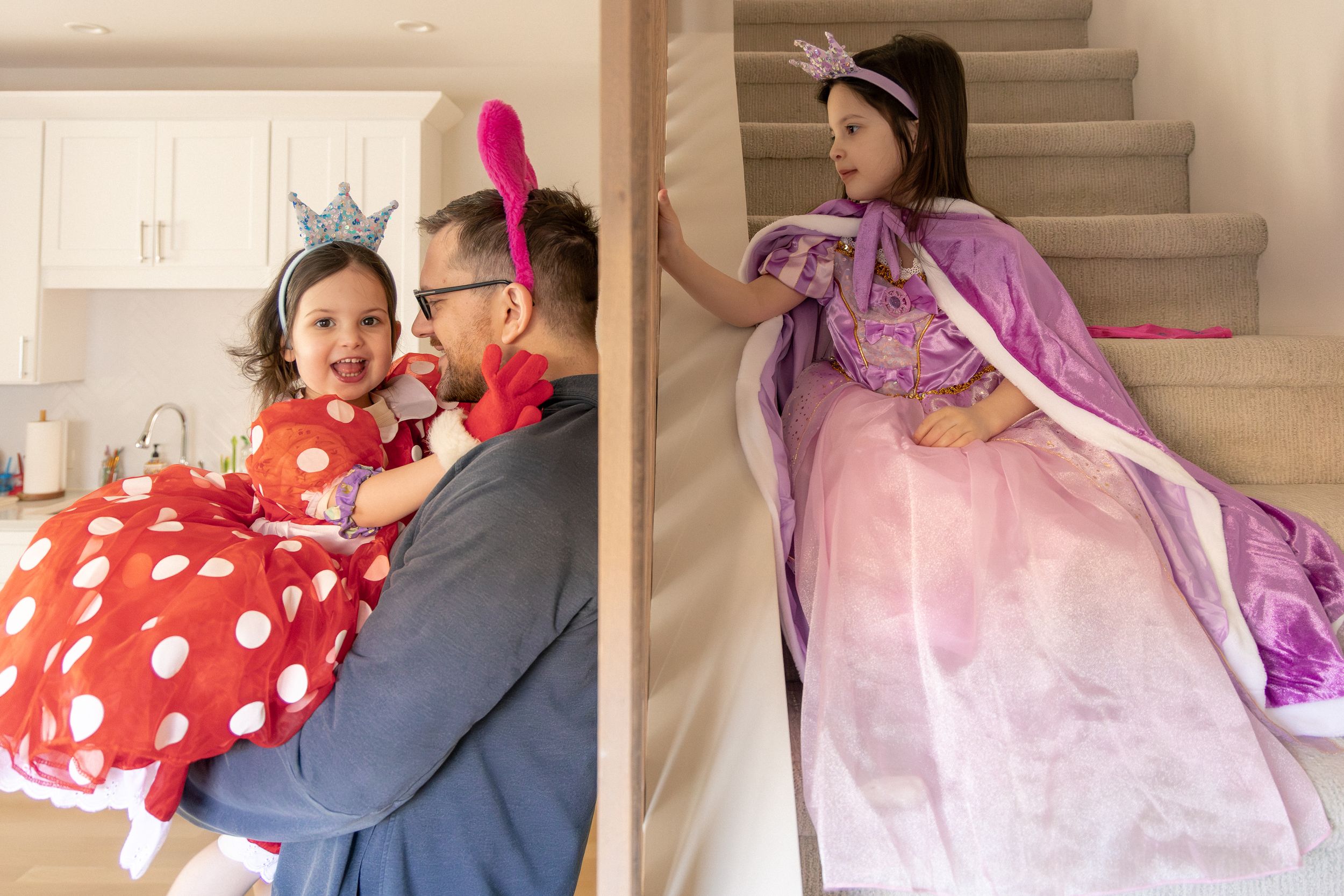 A series of six photos showing people dancing together on a staircase in a joyful celebration.
