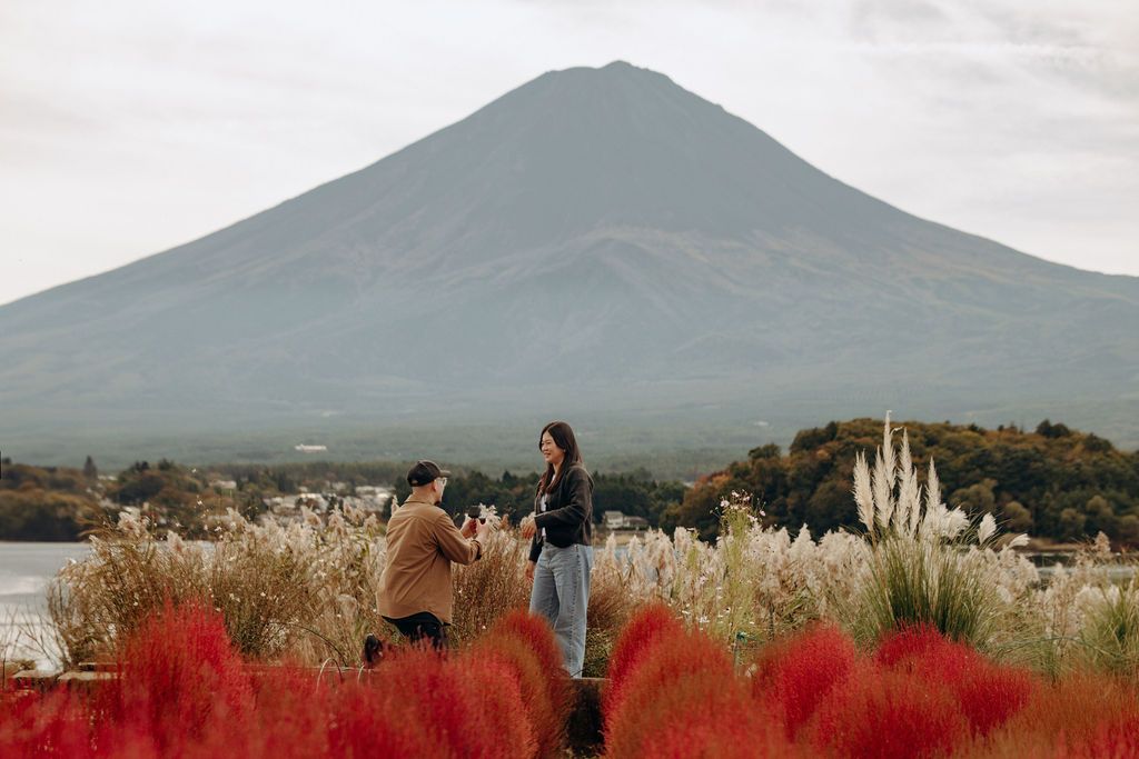 Surprise proposal and engagement photography at Lake Kawaguchiko Mount Fuji during Autumn with Kochia plants