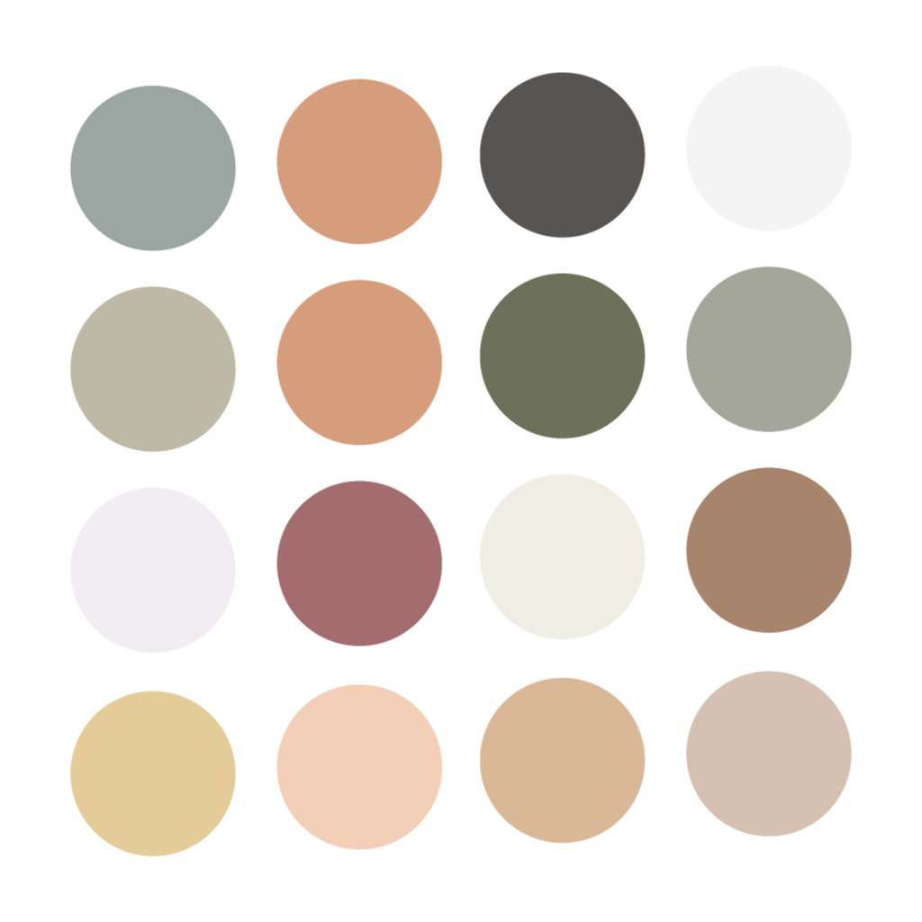 Color palette showing muted earth tones in sage, terracotta, grey and beige circles.