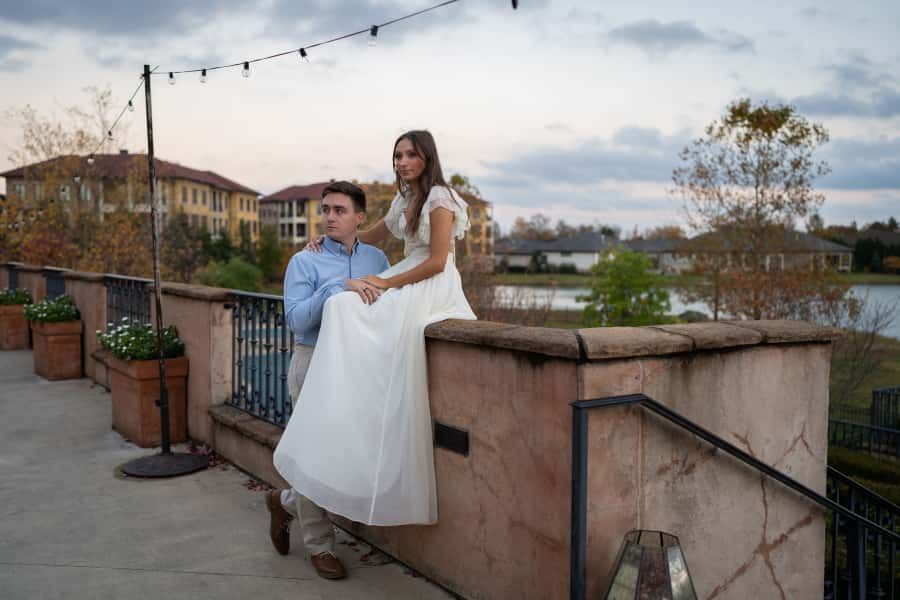 String lights illuminate an outdoor terrace during evening wedding celebrations at Columbus Ohio Wedding Venues