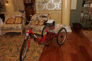 Red tricycle displayed in a room with ornate floral carpeting and beige walls.