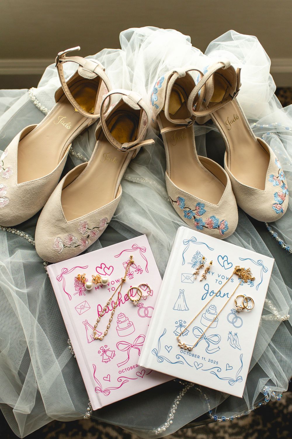 Beige ballet flats with delicate tulle fabric and hand-drawn love heart gift tags in pink and blue colors.