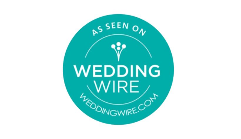A teal circular badge displaying As Seen On Wedding Wire weddingwire.com logo.