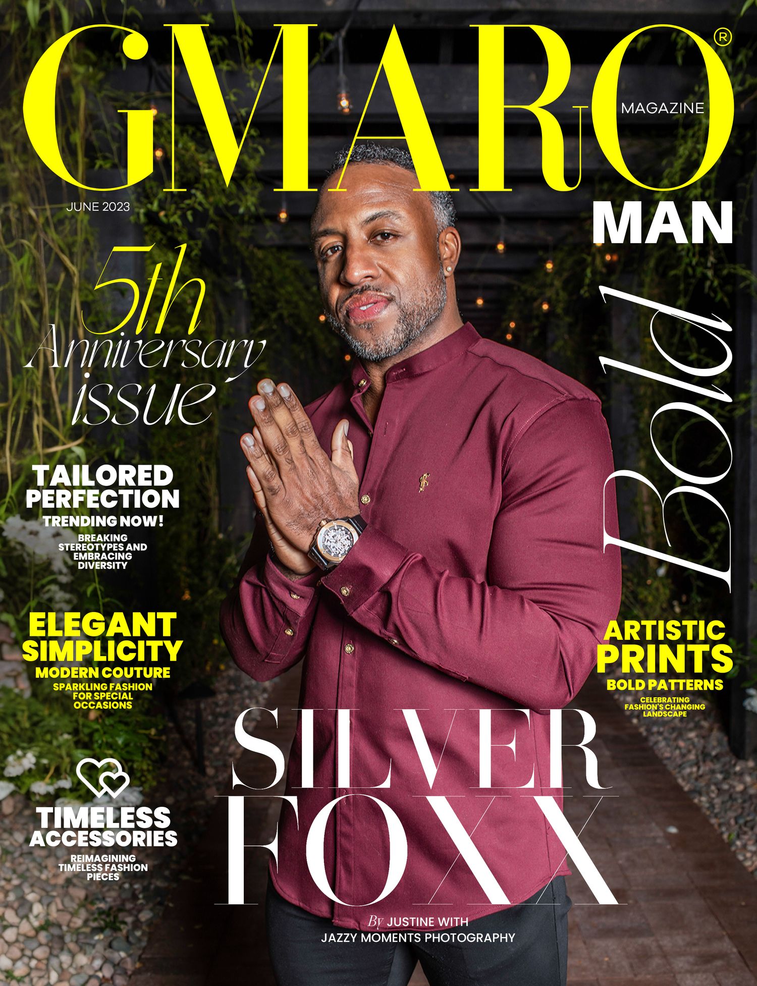 Magazine cover featuring a burgundy shirt against a dark background with text overlays for GMARO Man's 5th anniversary issue. Branding, fit