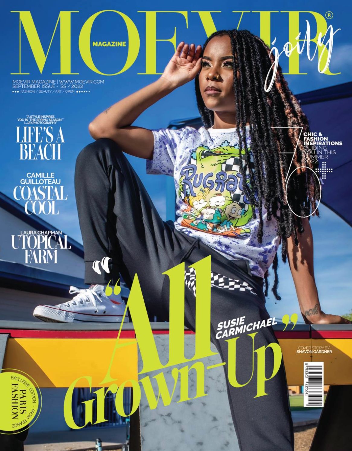 Stylish magazine cover showing casual streetwear fashion with bold yellow text against a vibrant background.