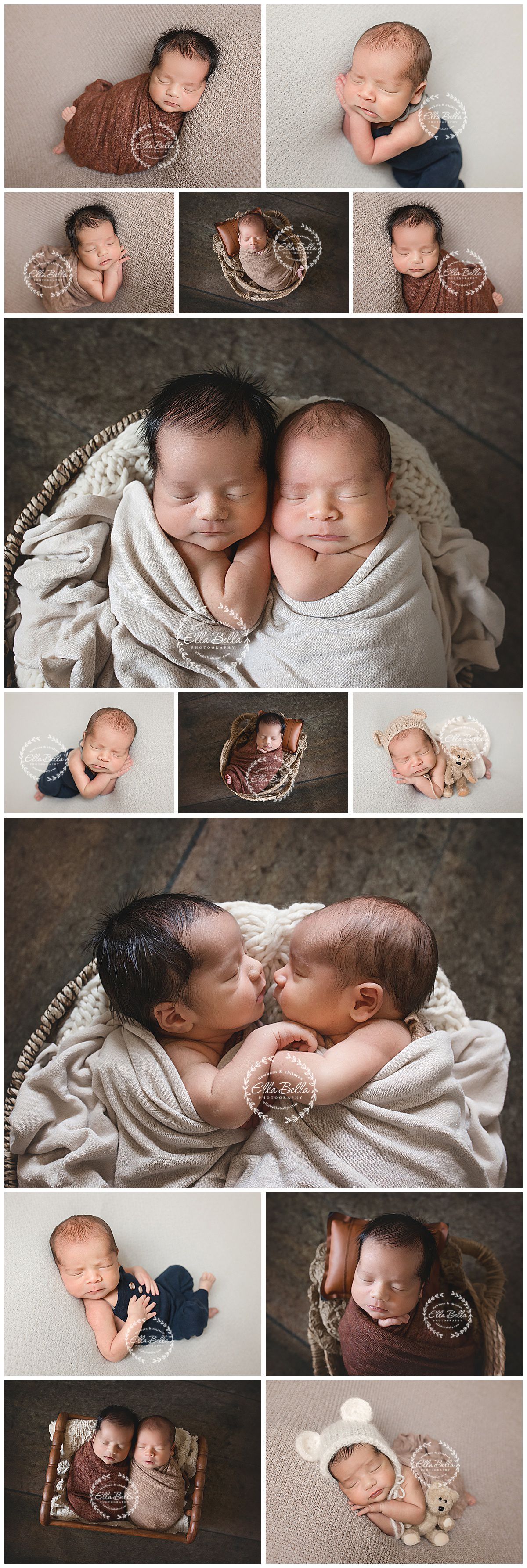 A collection of newborn photography portraits showing sleeping babies in soft neutral tones and cozy blankets.