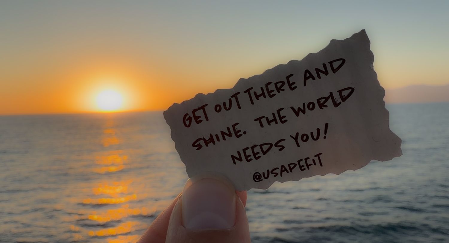 A series of sunset ocean views with inspirational handwritten messages on paper held against the golden horizon.
