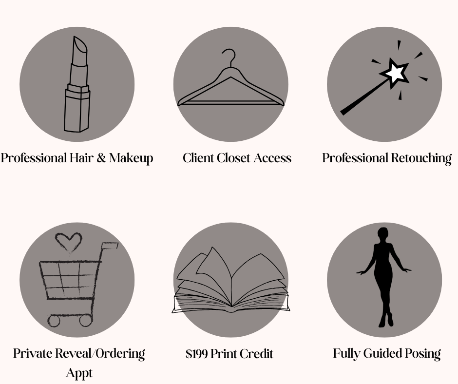 A collection of gray circular icons showing various salon and fashion services including hair styling and shopping.