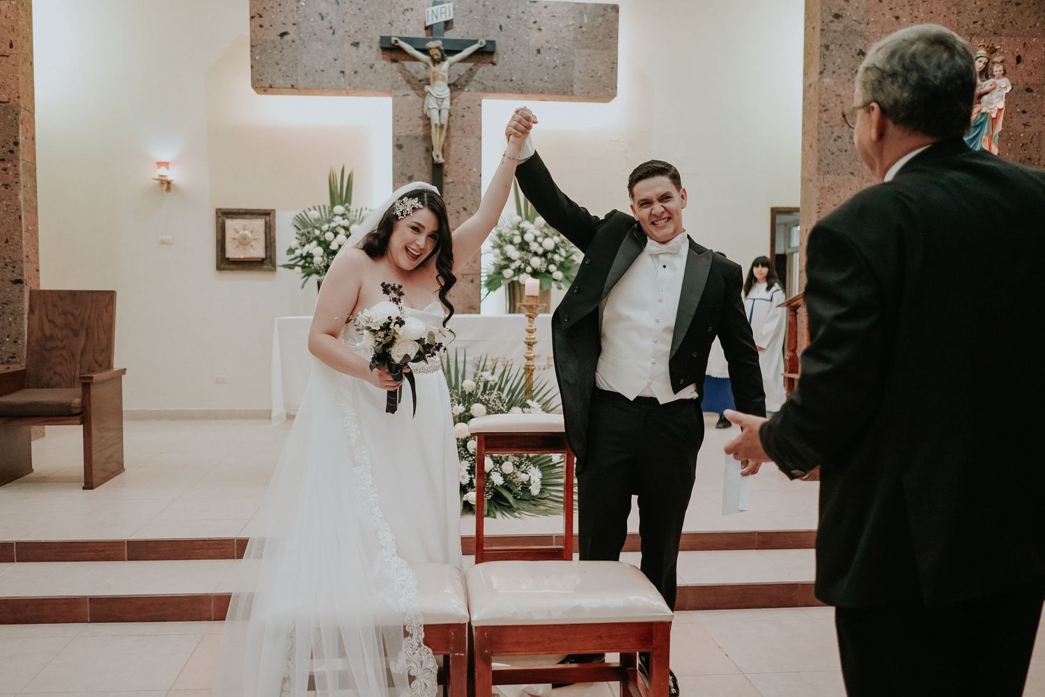 A collage of wedding photos showing a ceremony in a church with white floral decorations and formal attire.