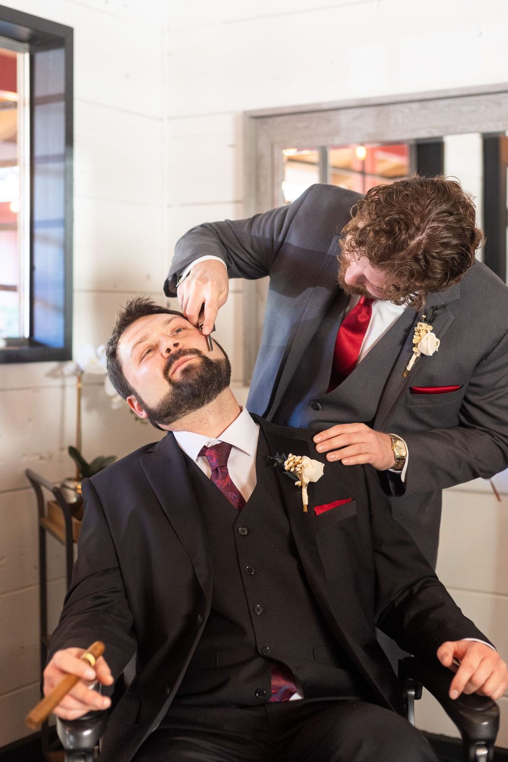 A sequence of photos showing someone in formal attire making dramatic leaning poses against a light background.