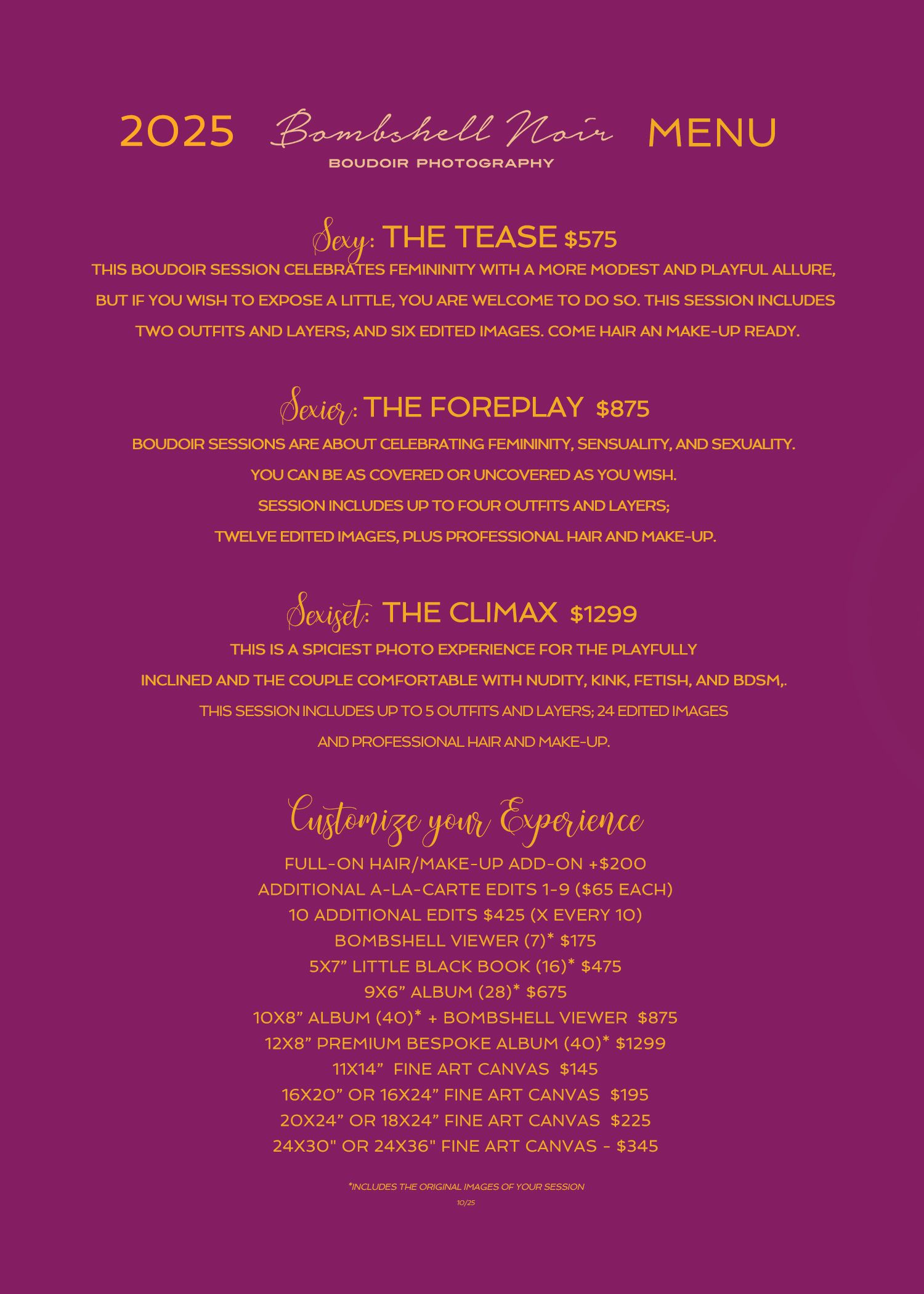 A purple and gold menu displays pricing for services called 'The Tease', 'The Foreplay', and 'The Climax'.