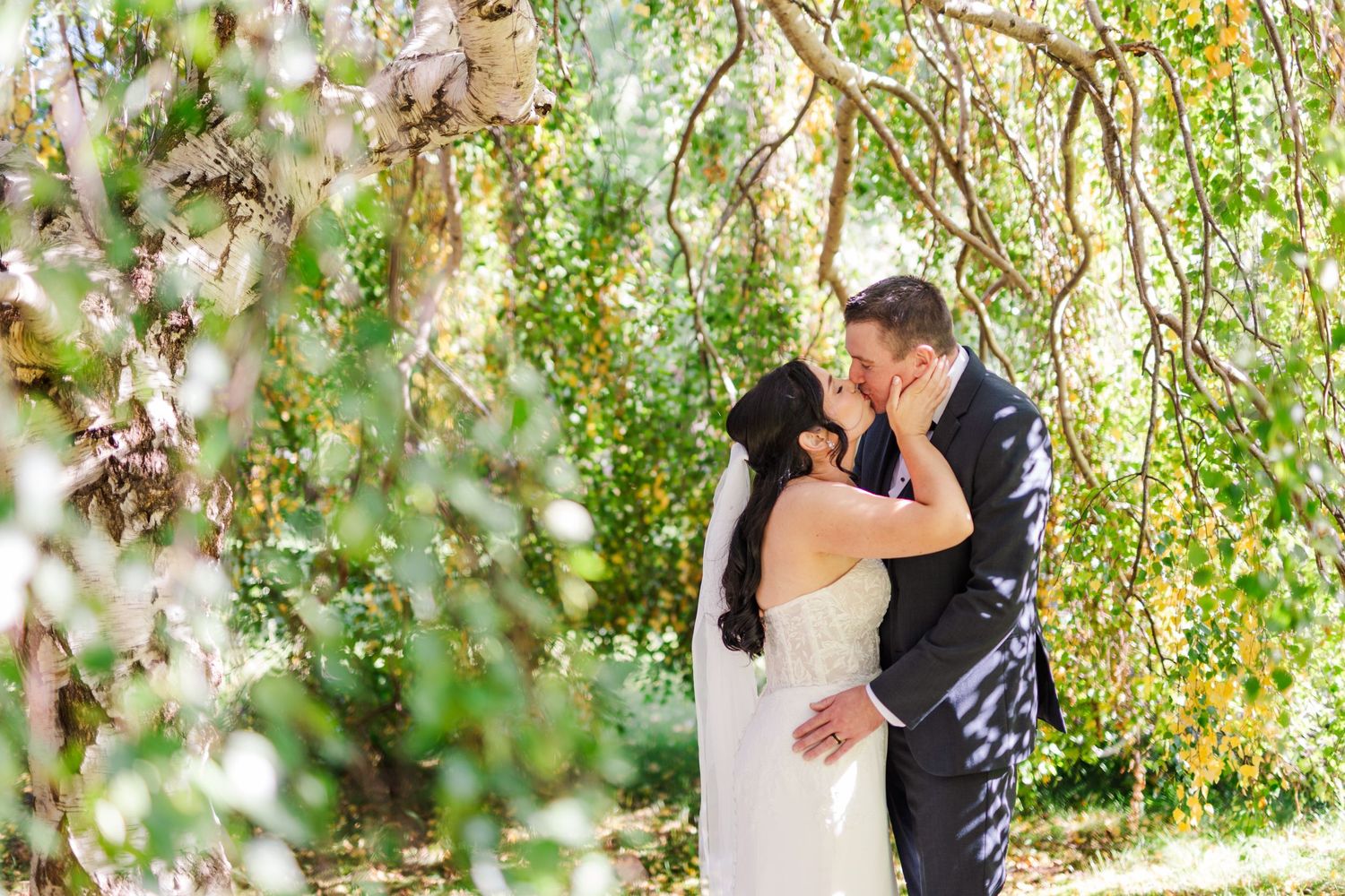 A romantic wedding couple shares an intimate moment under a flowering tree in a sunlit garden setting.