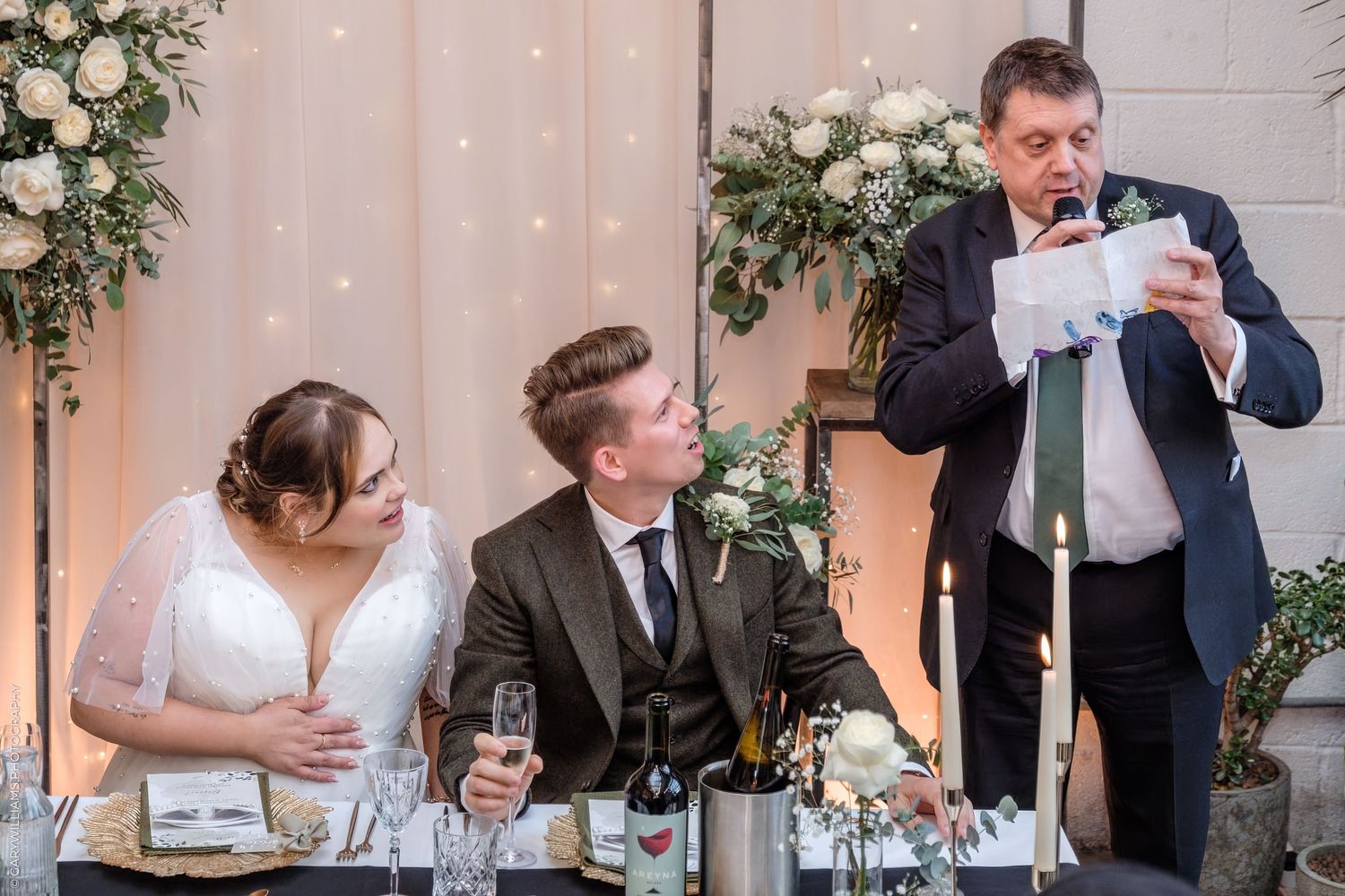 A series of wedding reception photos showing guests seated at tables enjoying dinner and conversation.