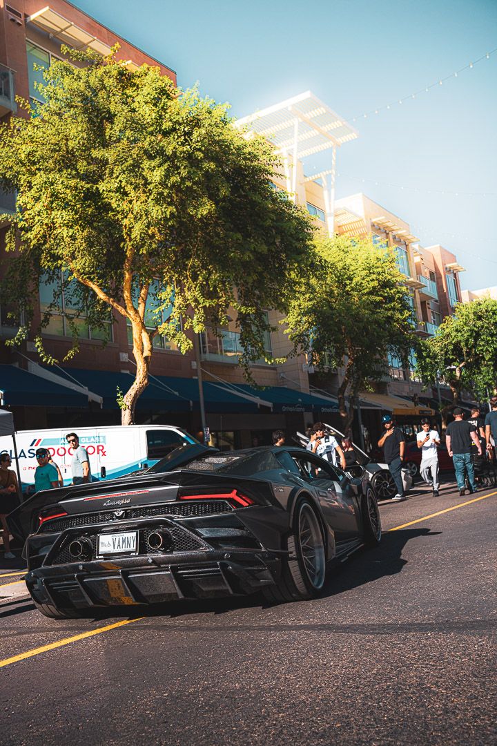 Rear view of black Lamborghini on city street with trees and buildings visible.