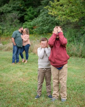 A playful sequence of people covering their eyes while standing in a grassy outdoor setting.
