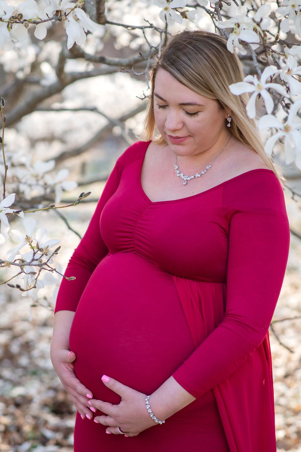 Pregnant woman in red dress poses against blooming white magnolia trees during spring maternity photoshoot.