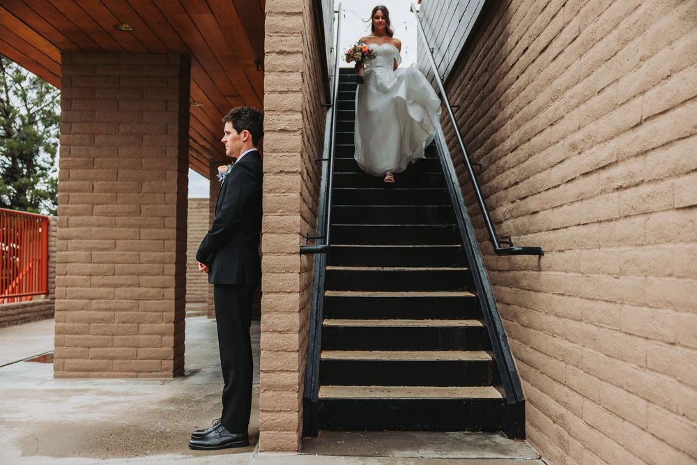 A series of wedding photos showing the bottom half of a bride and groom on brick steps with floral decorations.